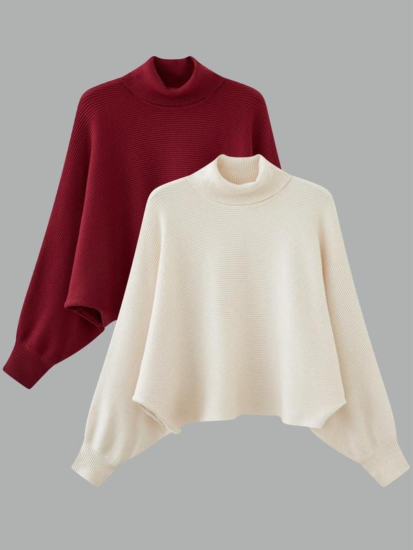 Women's Solid Color Batwing Sleeve Turtleneck Sweater, Casual Long Sleeve Jumper for Fall & Winter, Fashion Ladies' Knitwear for Daily Wear