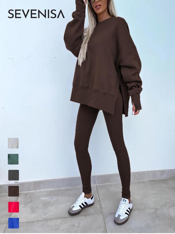 Women's Solid Split Hem Drop Shoulder Sweatshirt & Leggings Set, Casual Fashion Cozy Round Neck Long Sleeve Pullover & Skinny Pants for Daily Outdoor Wear, Women's Clothing for Fall & Winter