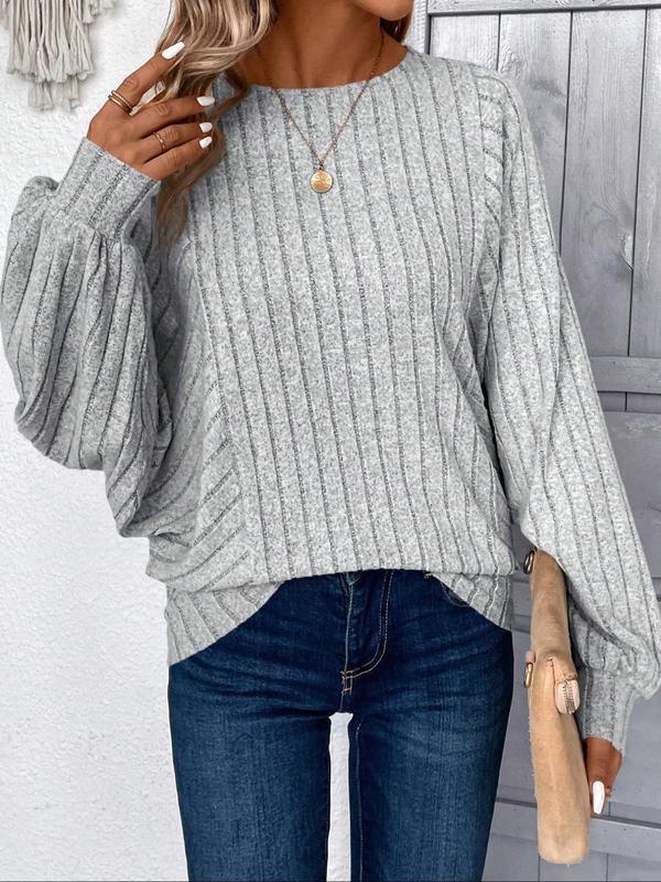 Women's Plain Bishop Sleeve Round Neck T-shirts, Casual Long Sleeve Crew Neck T-shirts for Fall & Winter, Fashion Ladies' Knitwear for Daily Wear