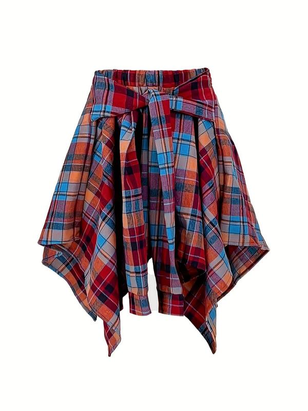 Women's Plaid Print Knot Front Asymmetrical Hem A Line  Short Skirts , Retro Elastic Waist Knee Length Skirt for Daily Wear, Graphic Skirts, Ladies Bottoms for All Seasons