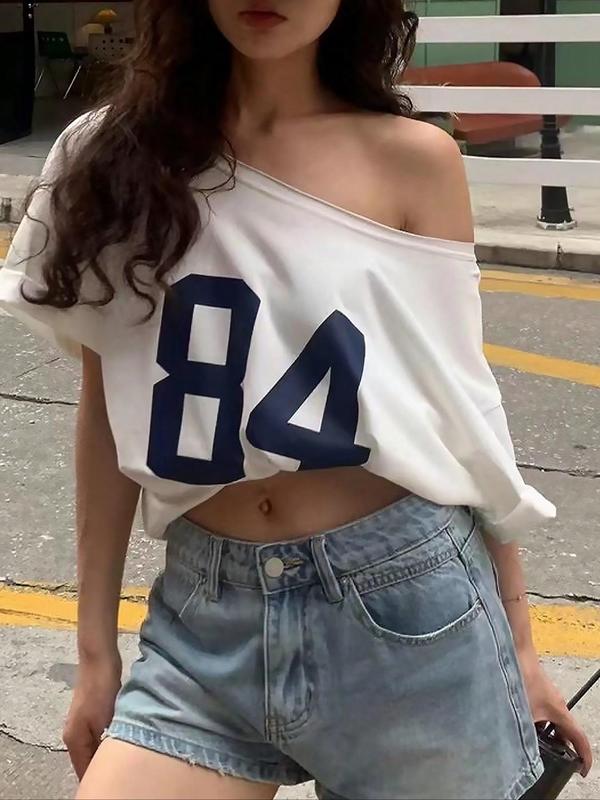 Women's Number Print Round Neck Tee, Casual Drop Shoulder Half Sleeve T-shirt for Summer, Fashion Women's Top for Daily Wear