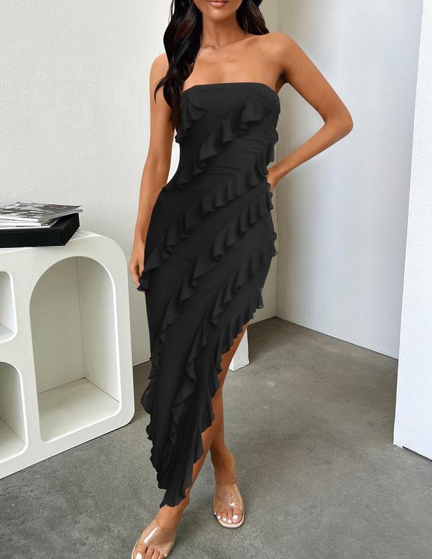 ZESICA Women's 2024 Strapless Bodycon Dress Sexy Off Shoulder Mesh Tassel Ruffle Side Split Tube Party Maxi Dresses Formal Womenswear Lady Formal Wear