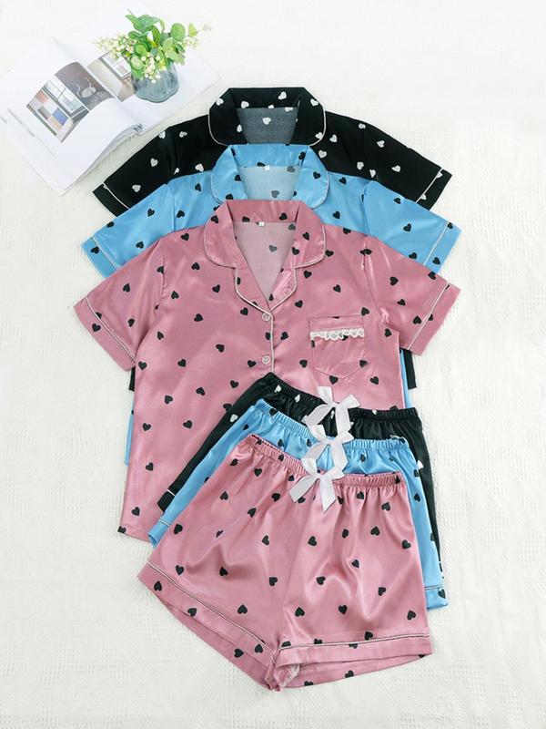 Women's Heart Print Contrast Binding Lapel Shirt & Elastic Waist Shorts Pyjama Set, Casual Comfy Short Sleeve Pocket Button Up Top & Shorts Pj Set, Pajama Sets Women, Ladies Sleepwear for All Seasons