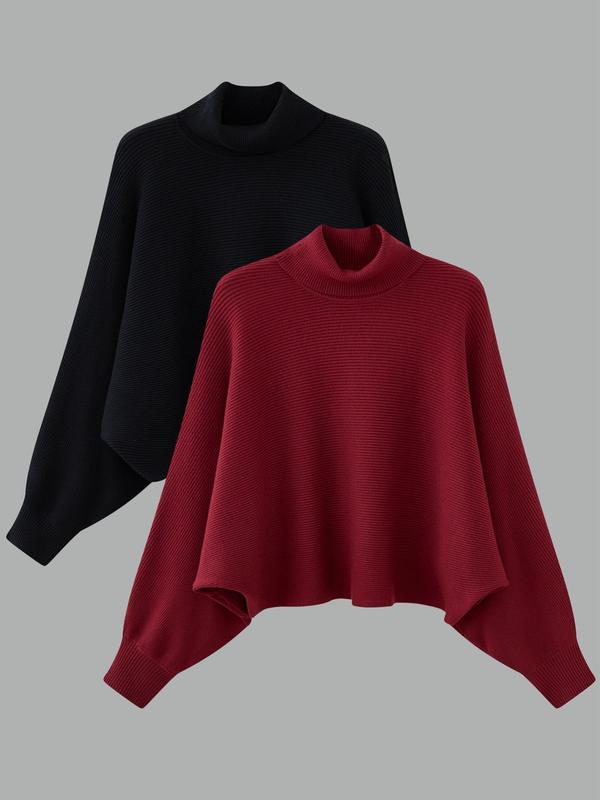 Women's Solid Color Batwing Sleeve Turtleneck Sweater, Casual Long Sleeve Jumper for Fall & Winter, Fashion Ladies' Knitwear for Daily Wear