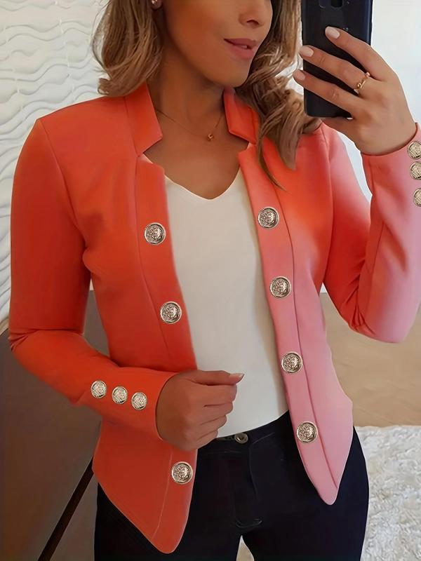 Women's Plain Fake Button Front Jacket, Casual Long Sleeve Stand Collar Open Front Outerwear for Spring & Fall, Ladies Tops Clothes for Daily Wear