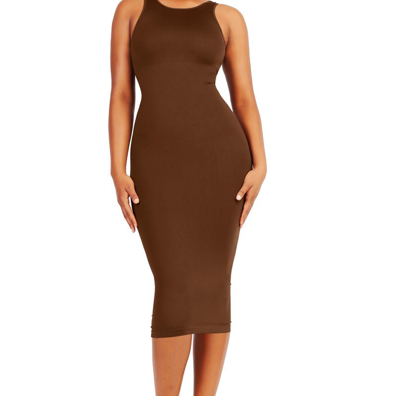 Soo slick Tummy control waist snatching Midi dress with removable padding I Shapewear dress with reversible neckline bodyshaper high neck and scoop neck | sleeveless sculpting bodycone Womenswear Underwear Lady Compression Comfort Basic Minimalist