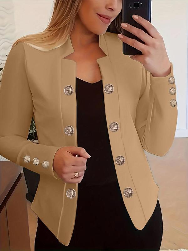 Women's Plain Fake Button Front Jacket, Casual Long Sleeve Stand Collar Open Front Outerwear for Spring & Fall, Ladies Tops Clothes for Daily Wear