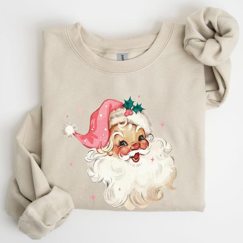 Retro Santa, Pink Christmas Sparkles, Vintage, Winter, Snow, Xmas Sweatshirt, Women's Crew Neck, Crewneck