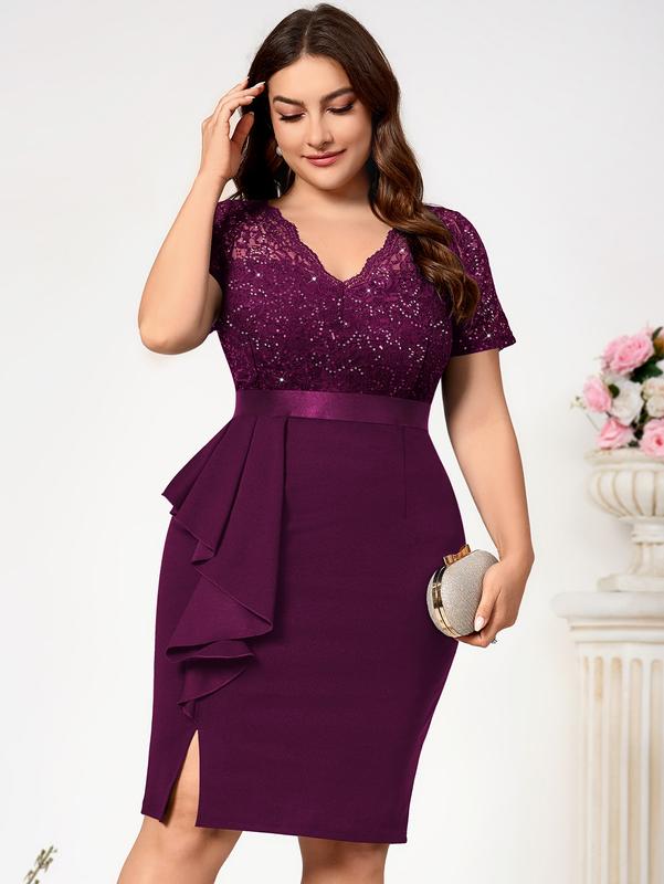 MISSMAY Women's Plus Size Sequin Lace Pleated  Womenswear Elegant Shortsleeve V Neck Cocktail Dress YP54229