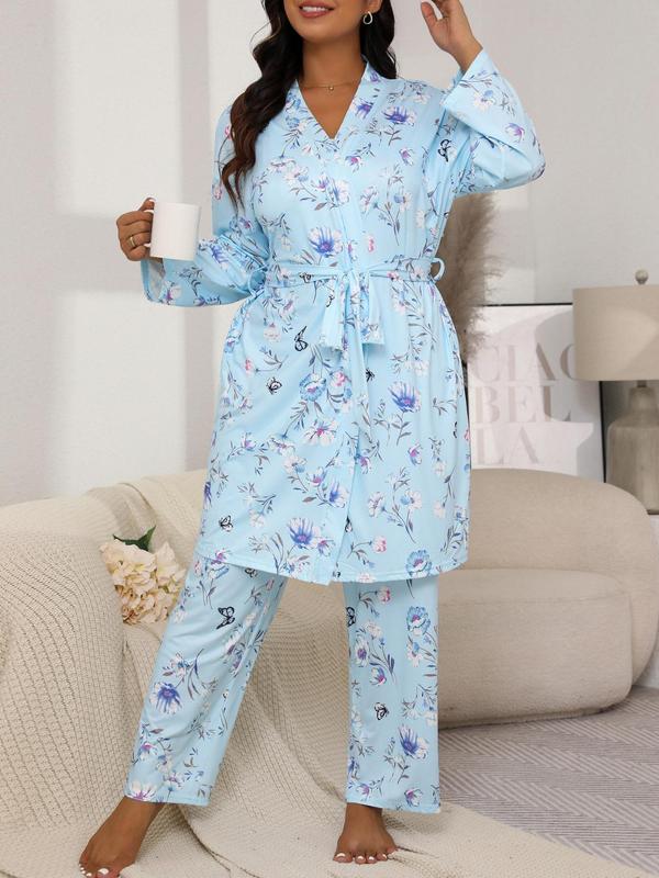  Floral Print Belted Lounge Robe & Cami Top & Pants Pyjama Set, Casual Pajama Set, Comfy Loungewear Set for Women, Women's Sleepwear for Spring & Fall, Nightwear Sets