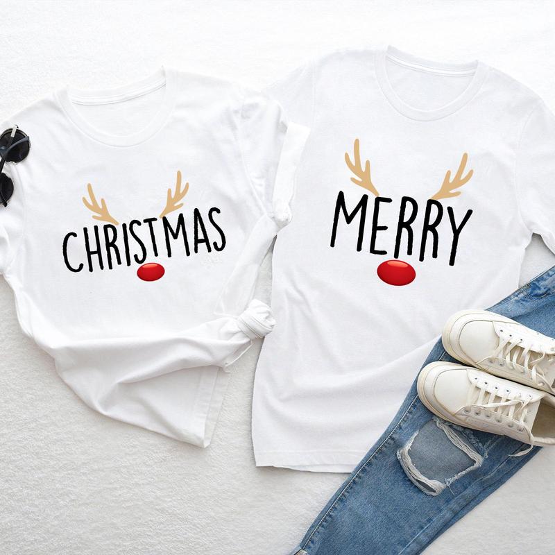 Merry Christmas Shirt Couples Christmas Sweatshirt, Christmas Reindeer Couple T-shirt, Xmas Couples Shirts, Matching Couples Christmas Tees