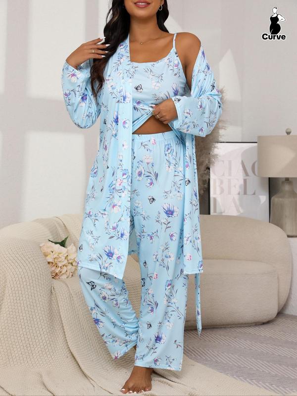  Floral Print Belted Lounge Robe & Cami Top & Pants Pyjama Set, Casual Pajama Set, Comfy Loungewear Set for Women, Women's Sleepwear for Spring & Fall, Nightwear Sets