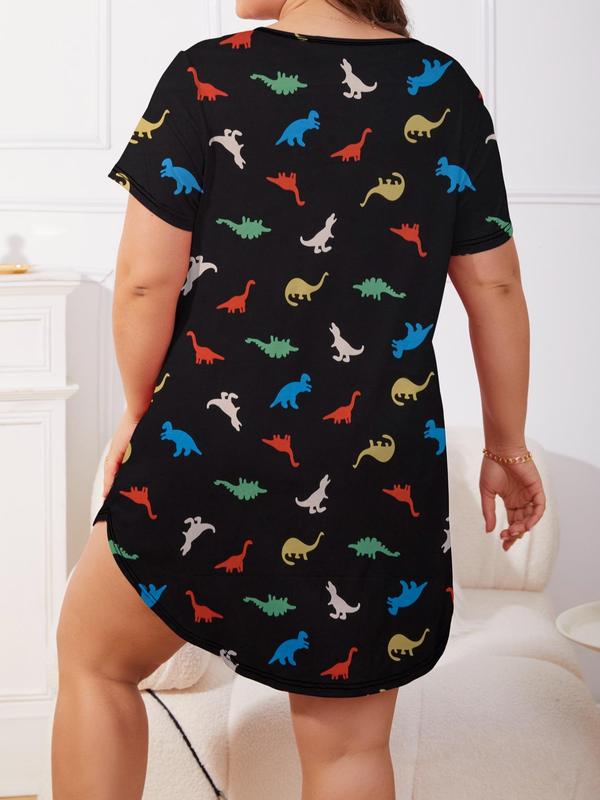 Plus Size Dinosaur Print Round Neck Nightdress, Casual Soft Comfortable Short Sleeve Nightgown for Women, Women's Sleepwear for All Seasons