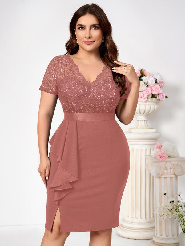 MISSMAY Women's Plus Size Sequin Lace Pleated  Womenswear Elegant Shortsleeve V Neck Cocktail Dress YP54229