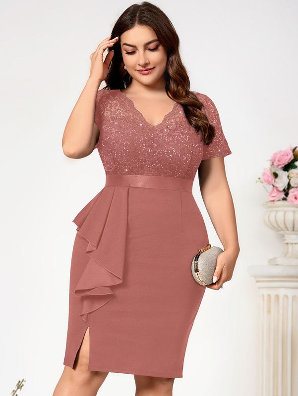 MISSMAY Women's Plus Size Sequin Lace Pleated  Womenswear Elegant Shortsleeve V Neck Cocktail Dress YP54229