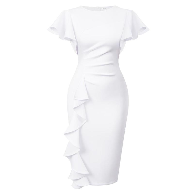 OYS Women's Vintage Church Ruffle Sleeve Ruched Bodycon Work Midi Pencil Dress