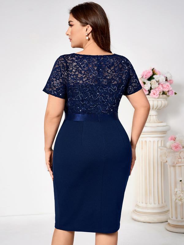 MISSMAY Women's Plus Size Sequin Lace Pleated  Womenswear Elegant Shortsleeve V Neck Cocktail Dress YP54229