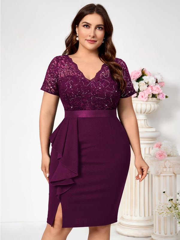 MISSMAY Women's Plus Size Sequin Lace Pleated  Womenswear Elegant Shortsleeve V Neck Cocktail Dress YP54229