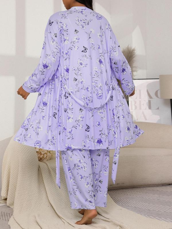  Floral Print Belted Lounge Robe & Cami Top & Pants Pyjama Set, Casual Pajama Set, Comfy Loungewear Set for Women, Women's Sleepwear for Spring & Fall, Nightwear Sets