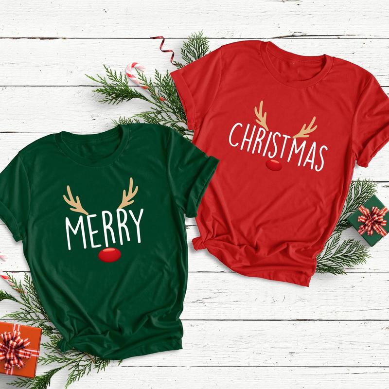 Merry Christmas Shirt Couples Christmas Sweatshirt, Christmas Reindeer Couple T-shirt, Xmas Couples Shirts, Matching Couples Christmas Tees