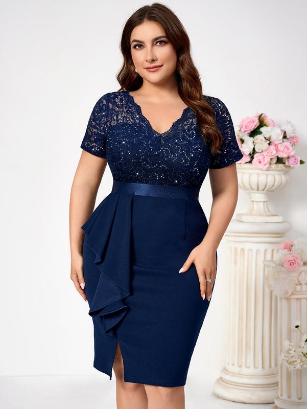 MISSMAY Women's Plus Size Sequin Lace Pleated  Womenswear Elegant Shortsleeve V Neck Cocktail Dress YP54229