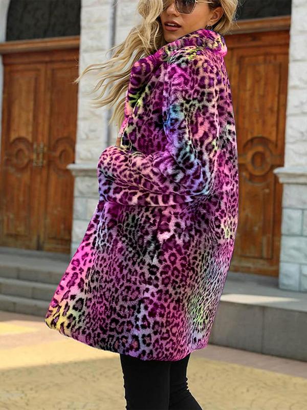 Women's Leopard Print Button Front Pocket Faux Fur Coat, Casual Long Sleeve Collared Outerwear for Fall & Winter, Winter Coat for Women, Ladies Clothes for Daily Wear