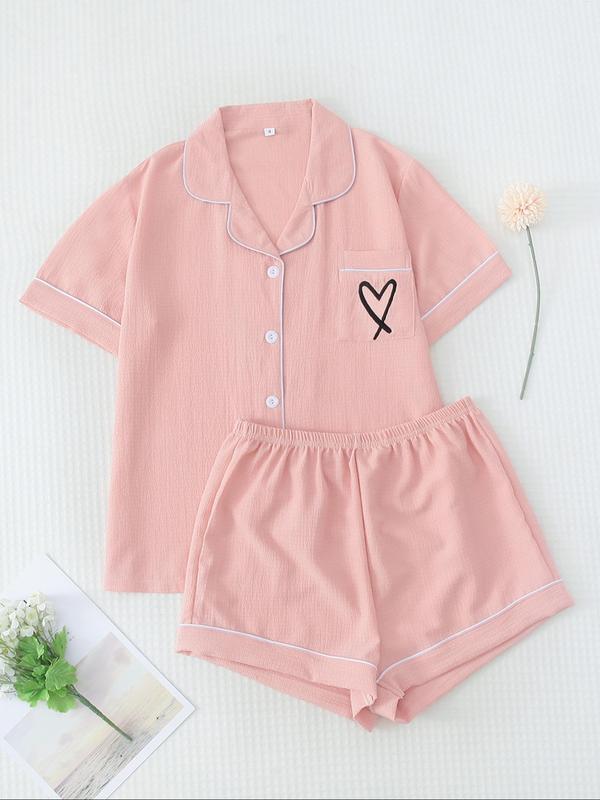 Women's Heart Print Contrast Binding Pj Set, Pocket Collared Shirt & Shorts Loungewear Set, Casual Comfy Women's Sleepwear, Summer Wear 2024, Summer Clothes Women