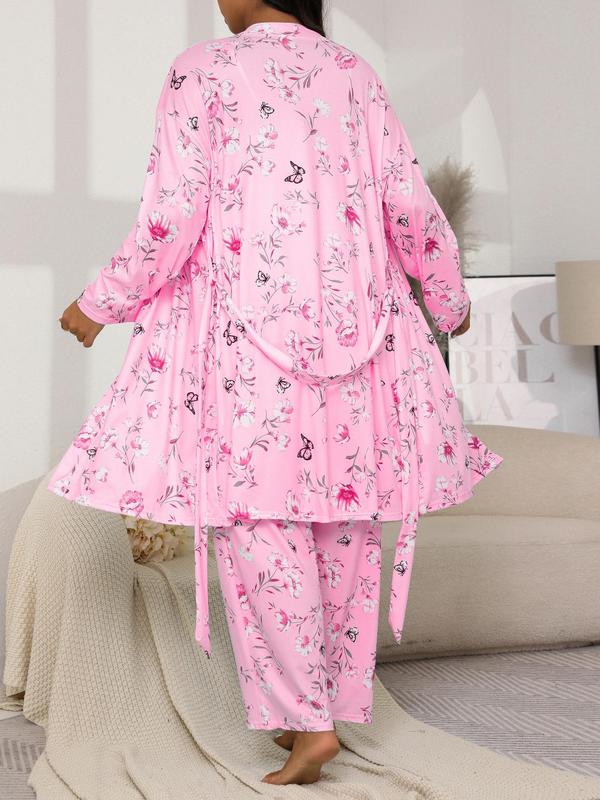  Floral Print Belted Lounge Robe & Cami Top & Pants Pyjama Set, Casual Pajama Set, Comfy Loungewear Set for Women, Women's Sleepwear for Spring & Fall, Nightwear Sets