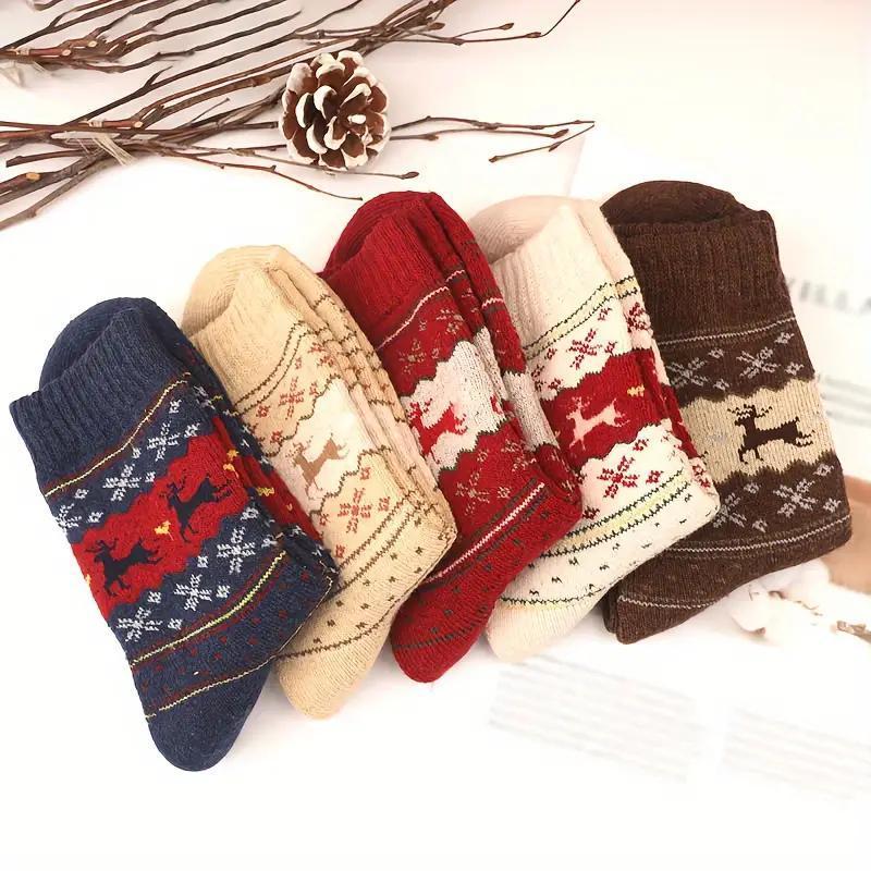 Christmas Reindeer Print Crew-socks, 5 Pairs Casual Soft Comfortable Breathable Stockings for Women, Women's Stockings for Fall & Winter, Festive & Party Supplies