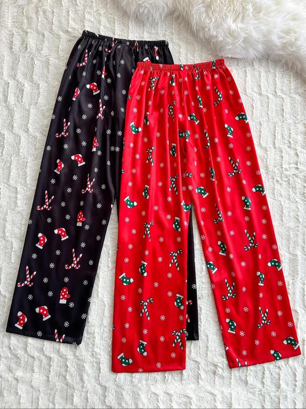 Women's Christmas Print Satin Pajama Pants, Casual Comfy Lounge Trousers for Fall & Winter, Women's Sleepwear for Indoor Wear