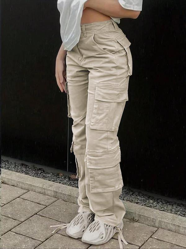 Women's Plain Button Pocket Cargo Pants, Casual Street Drawstring Trousers for Daily Wear, Ladies Bottoms for All Seasons