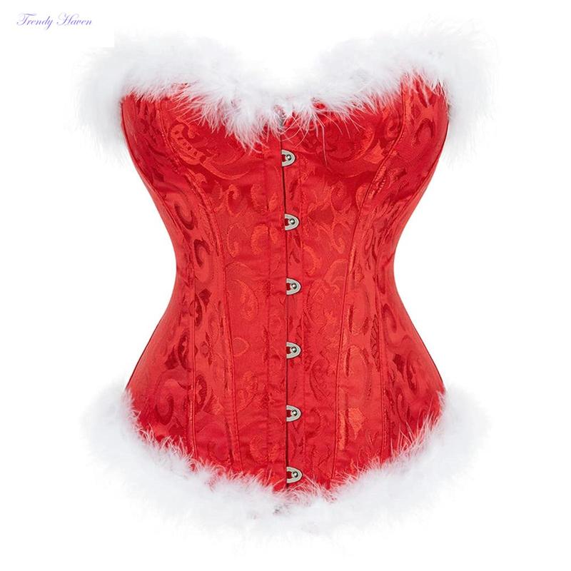 Christmas Ladies Corset Tops, Women Flower Printing Feathers Splicing Front Buckle Back Tie UpShapewear Cosplay Costume