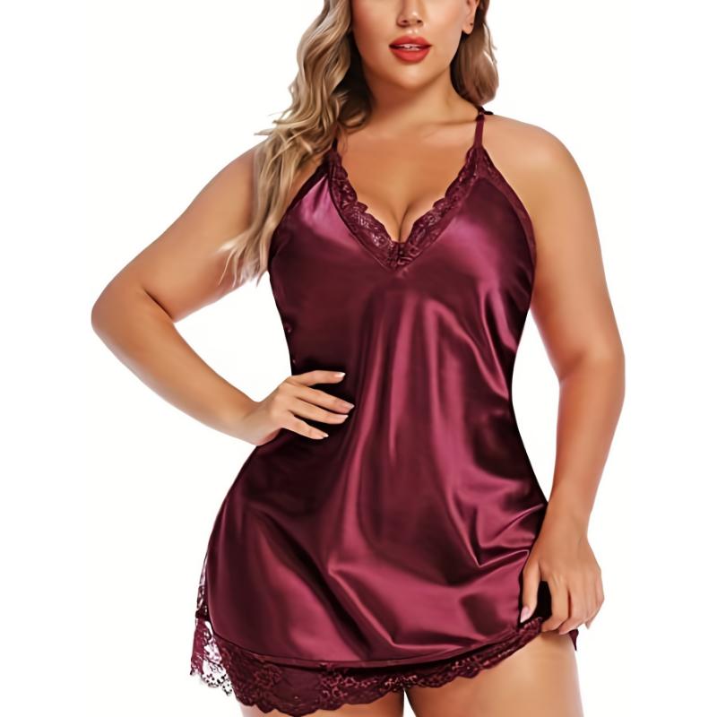 Plus Size Sexy Nightgown Set, Women's Plus Satin Contrast Lace Halter Neck Semi Sheer Nightdress & Underwear, Sexy Pajama Two Piece Set