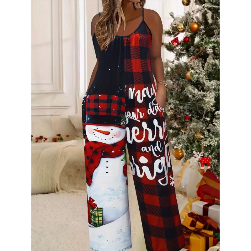 Women's Christmas Themed Jersey Fabric Jumpsuit with Round Neck, Casual Style, Polyester, All-Season, Adult, with Pockets - Festive Plaid and Snowman Design Womenswear Collar