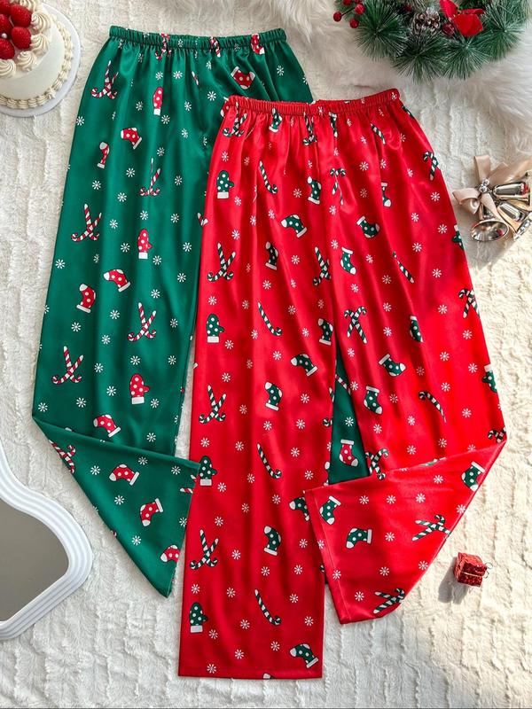 Women's Christmas Print Satin Pajama Pants, Casual Comfy Lounge Trousers for Fall & Winter, Women's Sleepwear for Indoor Wear