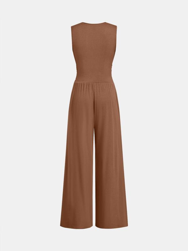 YOZY Christmas Deals, Deep V Neck Ruched Tank Jumpsuit, Sleeveless Wide Leg Jumpsuit, 2024 Women's Vacation & Holiday Wear for Evening Outfits on Holiday, Christmas 2024 Trend, Christmas Clothes, Fall&Winter Clothes, Christmas Gift Ideas