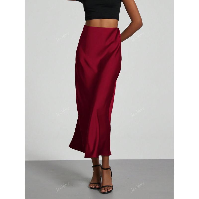 Women's Simple Solid Color Elastic Satin Texture Trumpet Hem Elegant Maxi Skirt