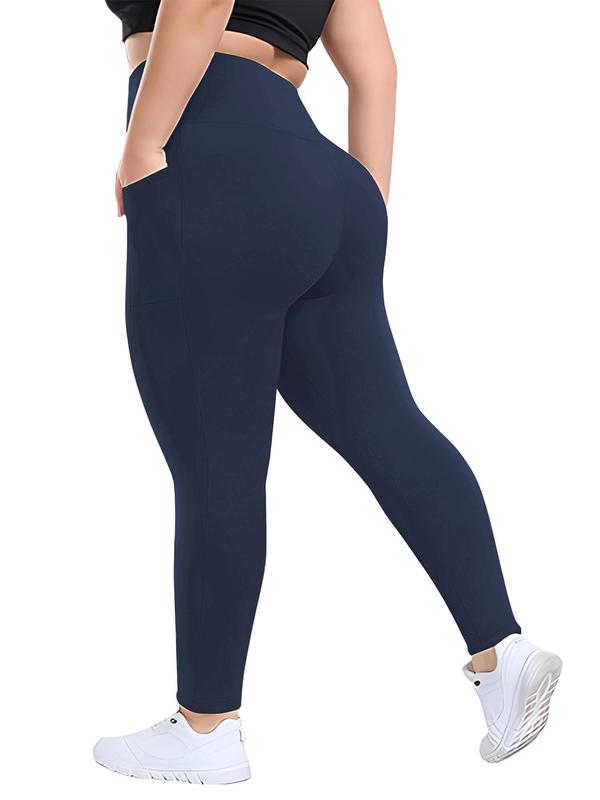 Plus Size Solid High Waist Pocket Leggings, Casual Wide Waistband Comfy Skinny Pants for Women, Women's Bottoms for Fall & Winter