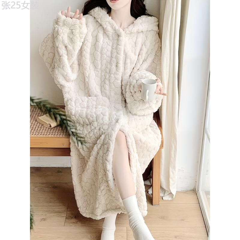 Cozy Fleece Jacquard Hooded Robe - Women's Long Sleeve Loose Fit Loungewear with Pockets - Soft, Thickened, and Plush for Ultimate Relaxation Fabric Nightwear Womenswear Collar