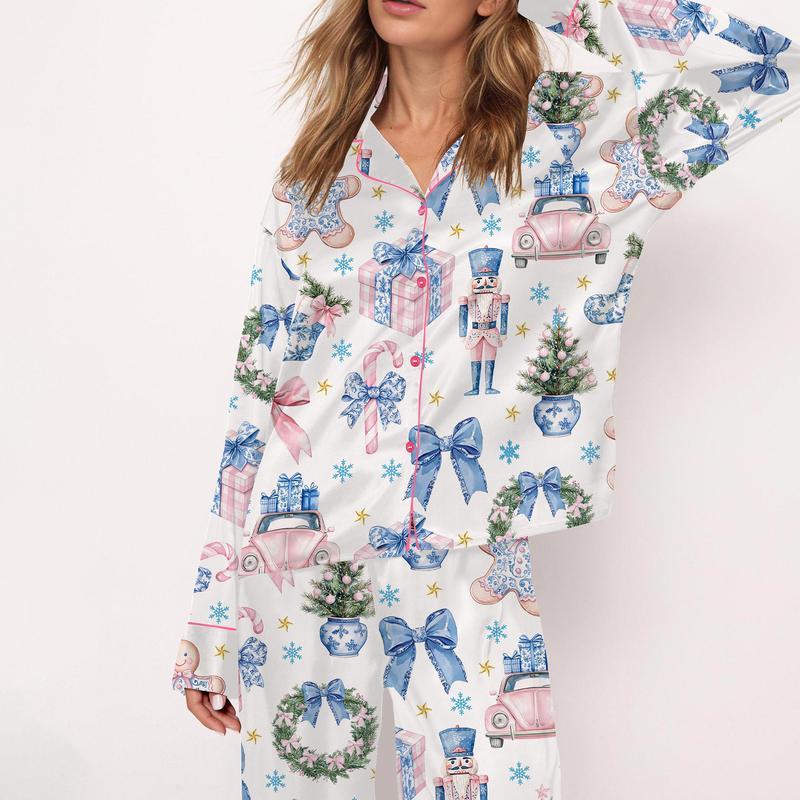 Coquette Chinoiserie Christmas Satin Pajama Set For Women Print Comfy Satin Sleepwear & Loungewear Pjs Printing Silky Top & Bottoms - SHESHOW