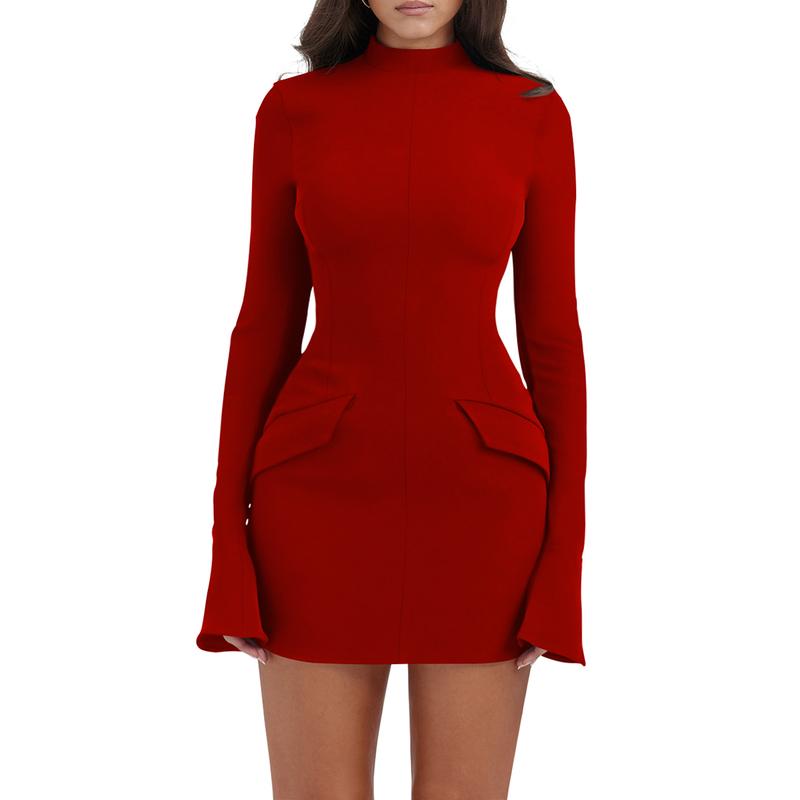 OYS Women's Long Sleeve Mock Turtle Neck Bodycon Mini Tank Short Party Dress