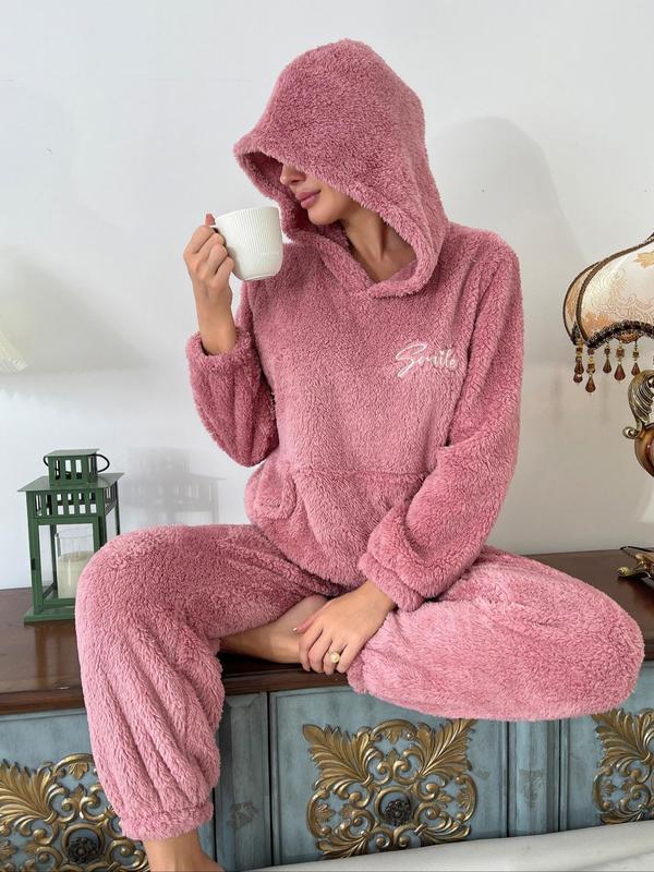 Women's Letter Embroidered Long Sleeve Plush Pajama Set, Casual Comfy Pocket Hooded Top & Pants Set, Women's Sleepwear for Fall & Winter