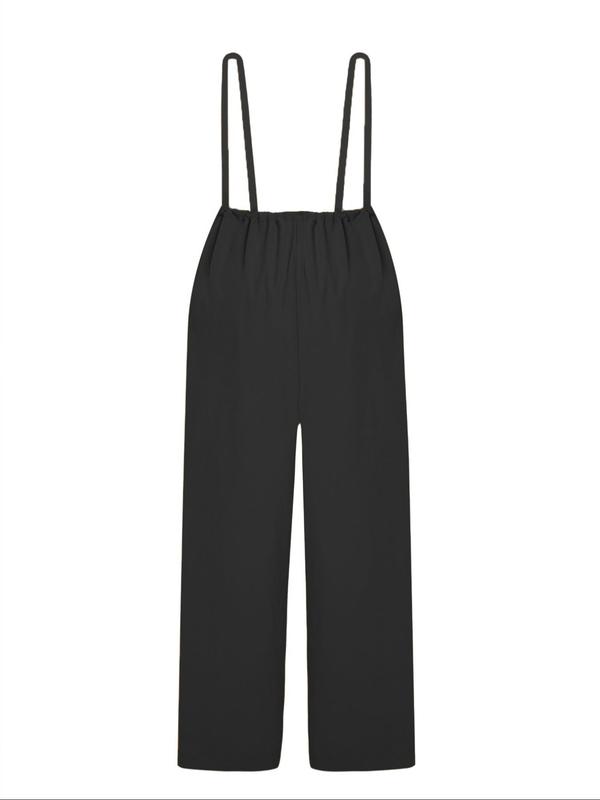  Solid Pocket Wide Leg Suspender Pants, Summer Outfits 2024 for Work, Fall Outfits, Casual Comfy Tie Back Suspender Pants Bottoms for Daily Wear, Women's Plus Clothing for Fall & Winter, Downtown Girl Clothes