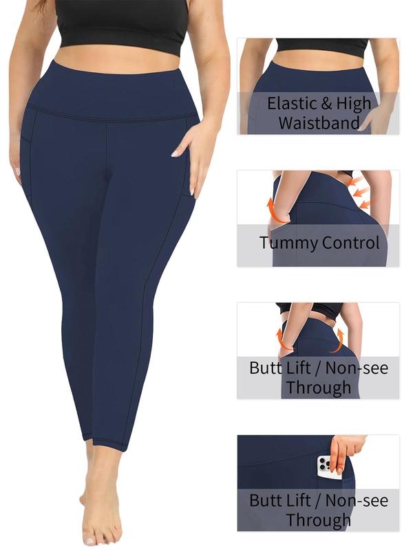 Plus Size Solid High Waist Pocket Leggings, Casual Wide Waistband Comfy Skinny Pants for Women, Women's Bottoms for Fall & Winter