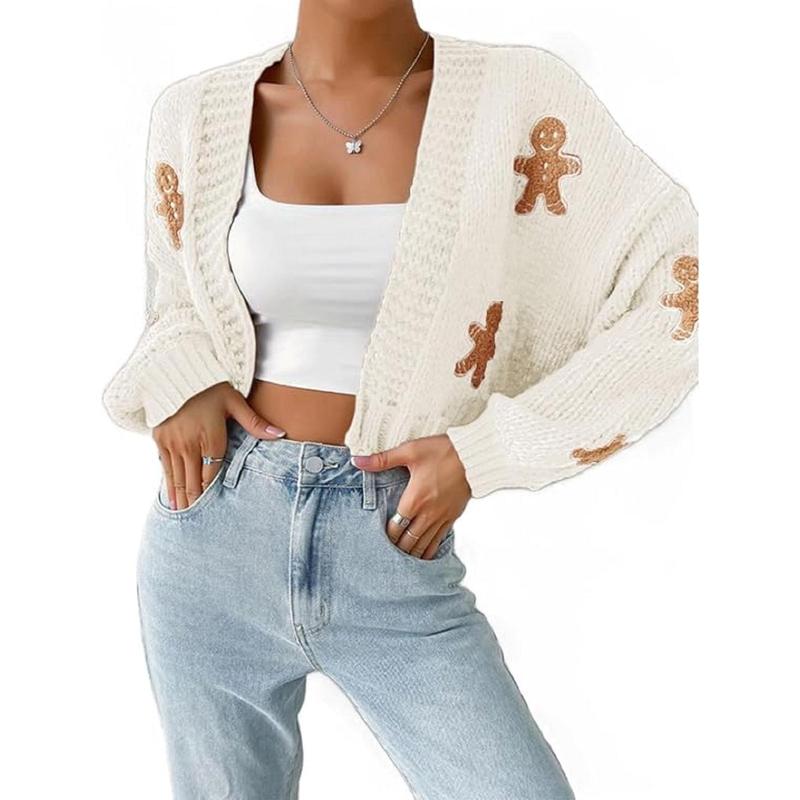 Women's Cartoon Print Drop Shoulder Cardigan, Gingerbread Sweater Women, Gingerbread Cardigan