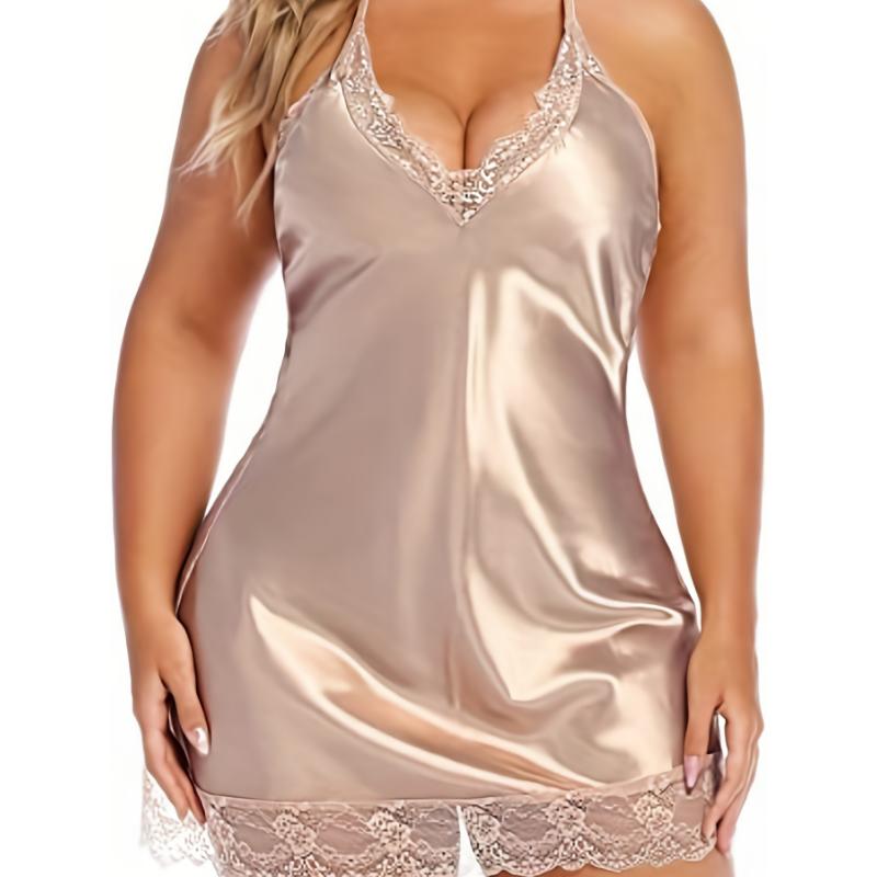 Plus Size Sexy Nightgown Set, Women's Plus Satin Contrast Lace Halter Neck Semi Sheer Nightdress & Underwear, Sexy Pajama Two Piece Set