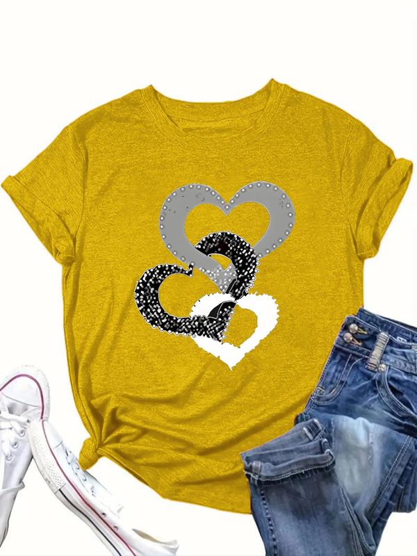  Heart Print Round Neck Tee, Casual Short Sleeve Crew Neck T-shirt for Daily Wear, Women Clothing for All Seasons