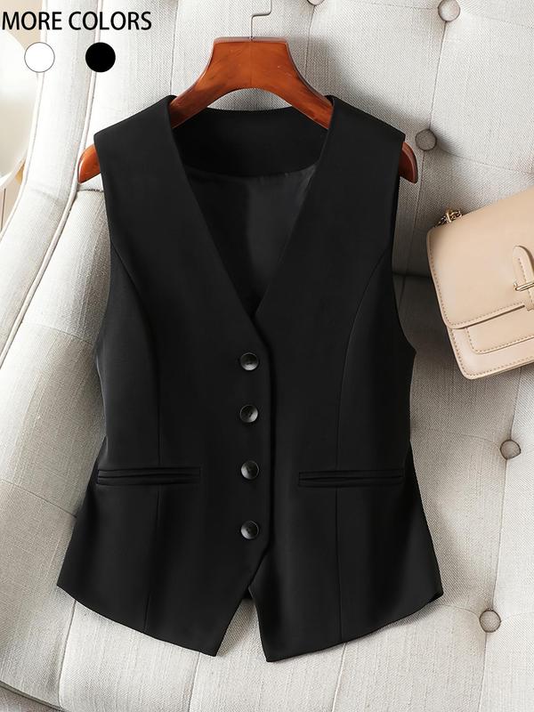 Women's Solid Button Front V Neck Vest Blazer, Casual Sleeveless Vest Jacket for Spring & Fall, Ladies Clothes for Daily Wear