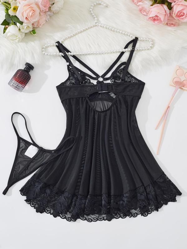 Women's Plain Contrast Lace Sheer Tulle Cami Nightdress & Thong Two-piece Set, Adjustable Spaghetti Strap Nightgown & Panty, Women's Sleepwear for All Seasons