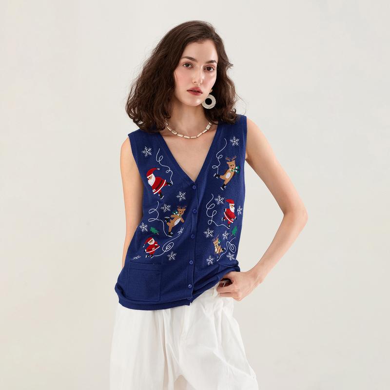 Women's Autumn Winter Sweater Vest V Neck Christmas Pattern Print Button Up Knit Tank Tops Sleeve Womenswear Check Light